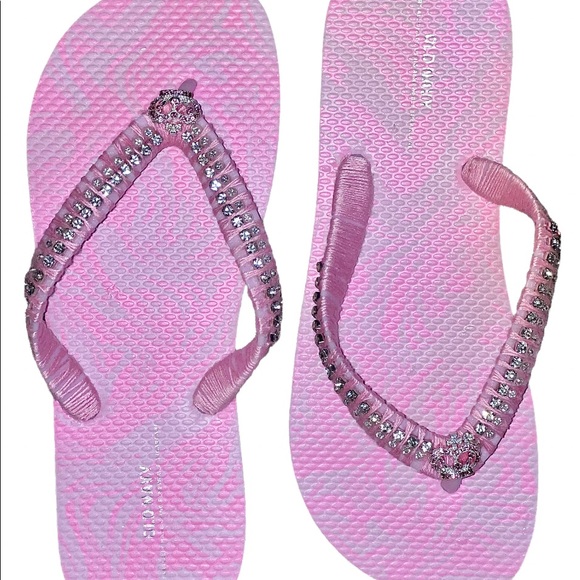 Pink Princess Flip Flops SZ 5/6, Crystal Trimmings, Crown Rhinestone Buttons - Picture 7 of 15